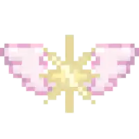 a pixel art illustration of a pair of pink wings with a yellow star in the middle .