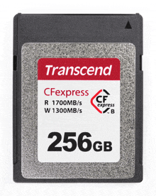 a 256 gb transcend cfexpress card with a red label