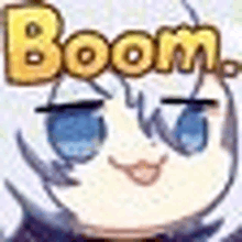 a close up of a cartoon character with blue eyes and the word boom .