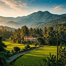 a house sits in the middle of a lush green valley