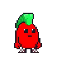 a pixel art of a red tomato with a green leaf on top and the word staff written above it