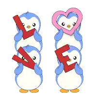 a group of penguins holding a pink heart and letters that spell love