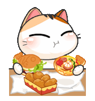 a cat is eating a hamburger and a pizza
