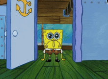 spongebob squarepants is standing in front of a door with an anchor on it