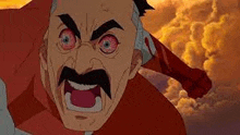 a cartoon of a man with a mustache and red eyes is screaming .