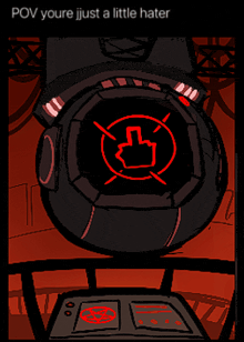a cartoon drawing of a machine with a red thumbs up symbol on it