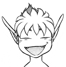 a black and white drawing of a boy with elf ears and a smile .