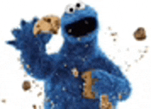 cookie monster from sesame street is eating a cookie while standing on a white background .