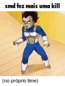 a cartoon character in a blue suit is standing on a wooden floor in a room .