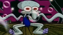 squidward from spongebob squarepants is dancing on a wooden floor in front of a purple background .