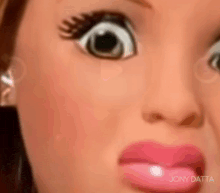 a close up of a woman 's face with big eyes and pink lips