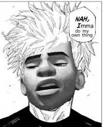 a black and white drawing of a man with a mohawk and a speech bubble .