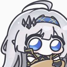 a cartoon drawing of a girl with white hair and a blue headband