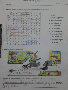 a worksheet in spanish has a picture of a man sweeping and a girl watering plants