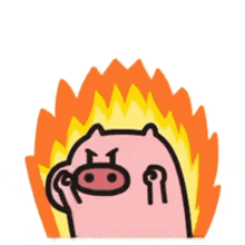 a cartoon pig is surrounded by flames and is looking angry
