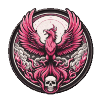 a circle with a pink phoenix and a skull in the center