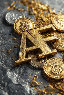 a pile of gold coins with the letter ae on top