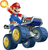 a mario character is riding a four wheeler with a m on his hat