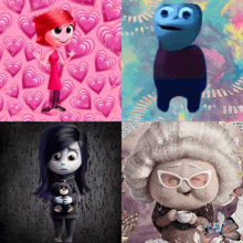 a collage of four pictures of cartoon characters including a girl with a teddy bear