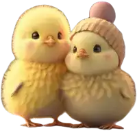 two yellow chicks wearing knitted hats are standing next to each other