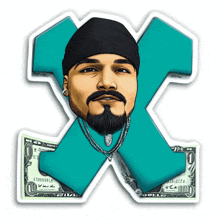 a sticker of a man with a beard and a one dollar bill