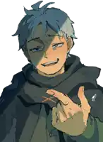 a drawing of a boy with blue hair making a silly face