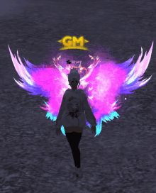 a gm logo is above a girl with wings