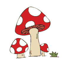 a cartoon drawing of three mushrooms with white polka dots