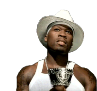 a man wearing a hat and a white tank top is holding a cup