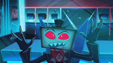 a cartoon character with red eyes and sharp teeth is wearing a top hat and bow tie