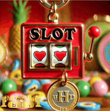 a red slot machine with two hearts and a gold coin