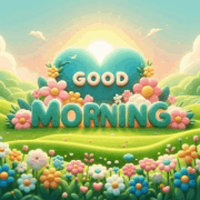 the word morning is surrounded by flowers and a heart in the middle