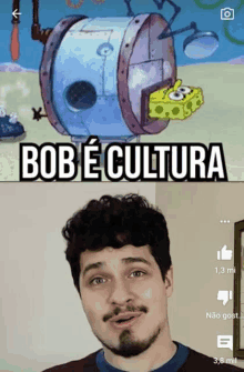 a man with a beard is standing in front of a picture of spongebob and the caption bob e cultura