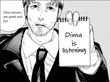 a man in a suit and tie is holding a notepad that says " dima servers are great and fun "