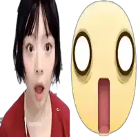 a woman with a surprised look on her face next to a yellow smiley face