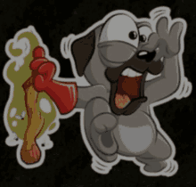 a cartoon dog is holding a bone and waving at the camera