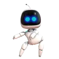 a cartoon robot with blue eyes and a black helmet is dancing on a white background .
