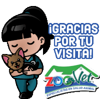 a cartoon of a woman holding a dog with gracias por tu visita