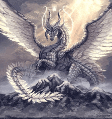 a painting of a dragon with a crown on its head sitting on top of a mountain