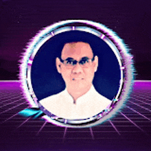 a man in glasses is in a circle on a purple background .