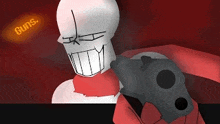 papyrus from undertale is holding a gun in his hand and pointing it at the camera .