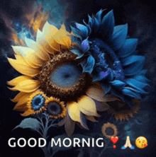 a picture of a sunflower with the words " good mornig " below it