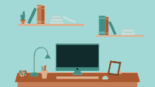 an illustration of a desk with a computer and books