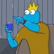 a cartoon character with a crown on his head is holding a blue can