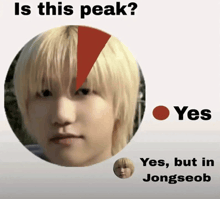 a picture of a person 's face with a red arrow pointing to it and the words is this peak