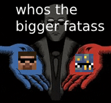 a man is holding a blue and red hand with a minecraft character on it