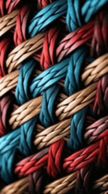 a close up of a wicker basket with red , blue and brown yarn