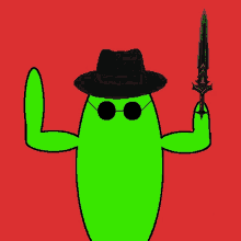 a green cactus wearing a black hat and holding a sword