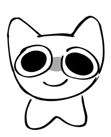 a black and white drawing of a cat 's face with big eyes and a smile .