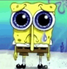 spongebob squarepants is crying with a tear running down his nose .